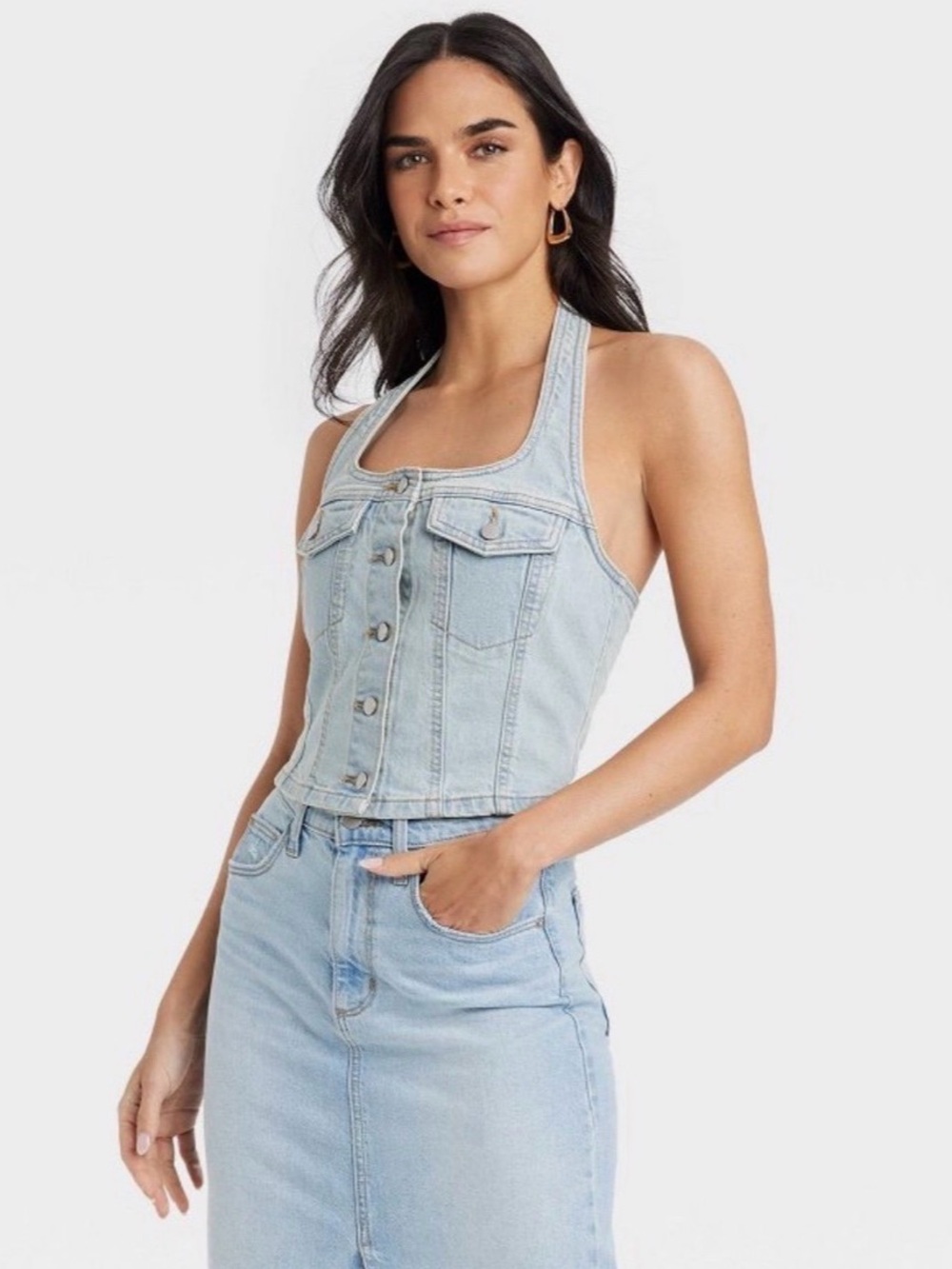 Universal Thread Light Blue Denim Halter Button-Front Top